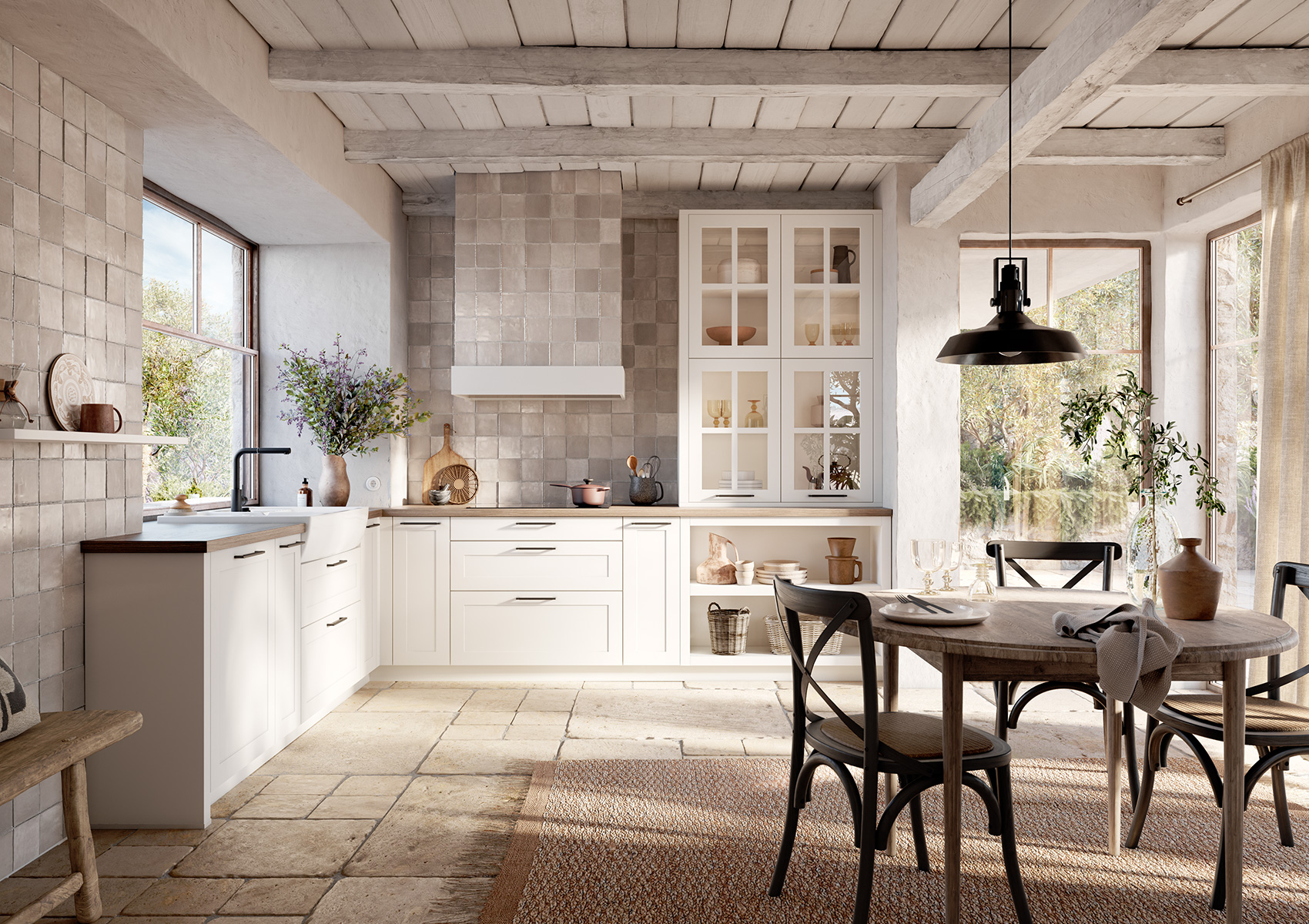 Light shaker kitchen with white cabinetry, glass-fronted cupboards and dining table