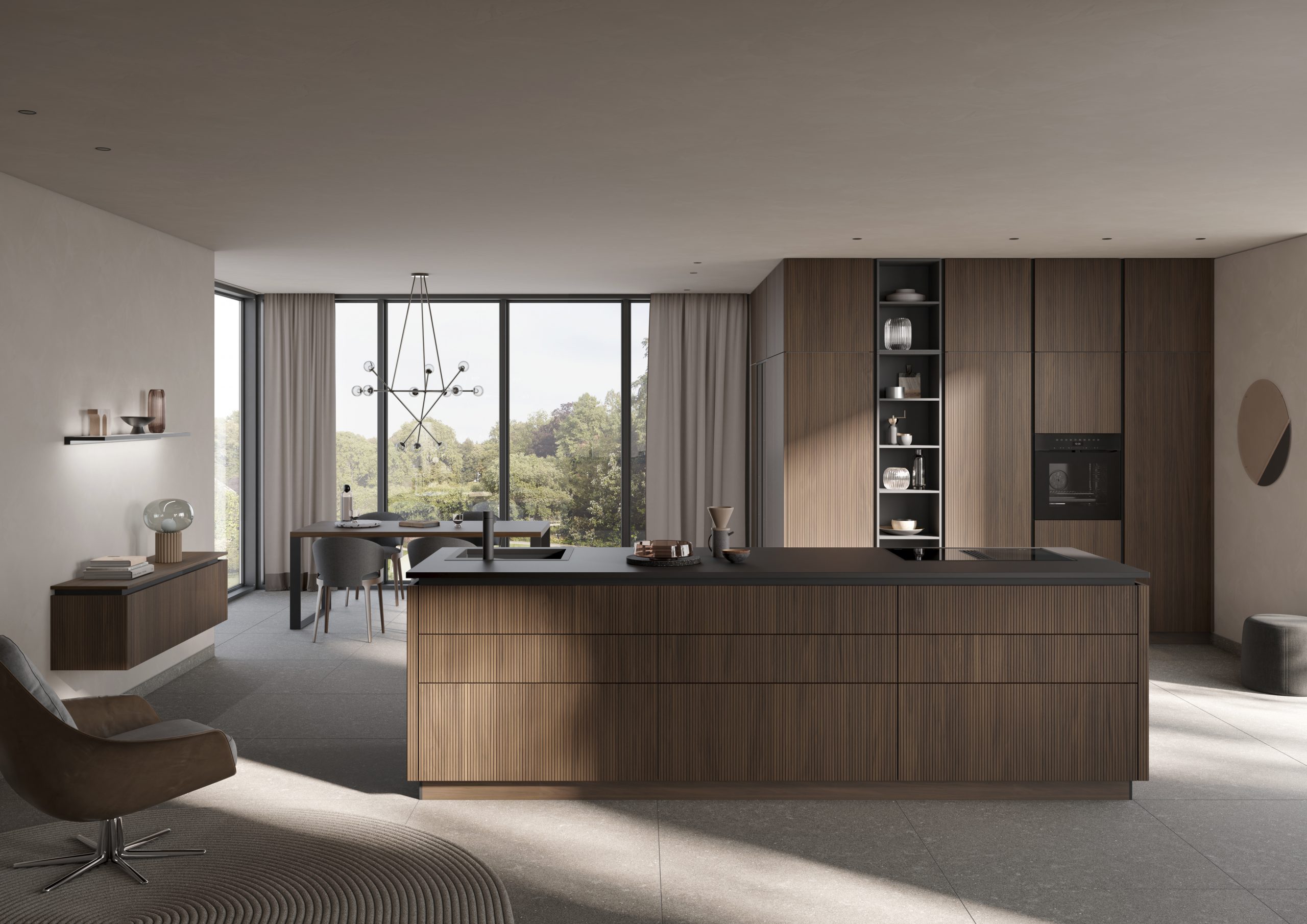 Warm walnut kitchen with a fluted island and coordinated fitted storage
