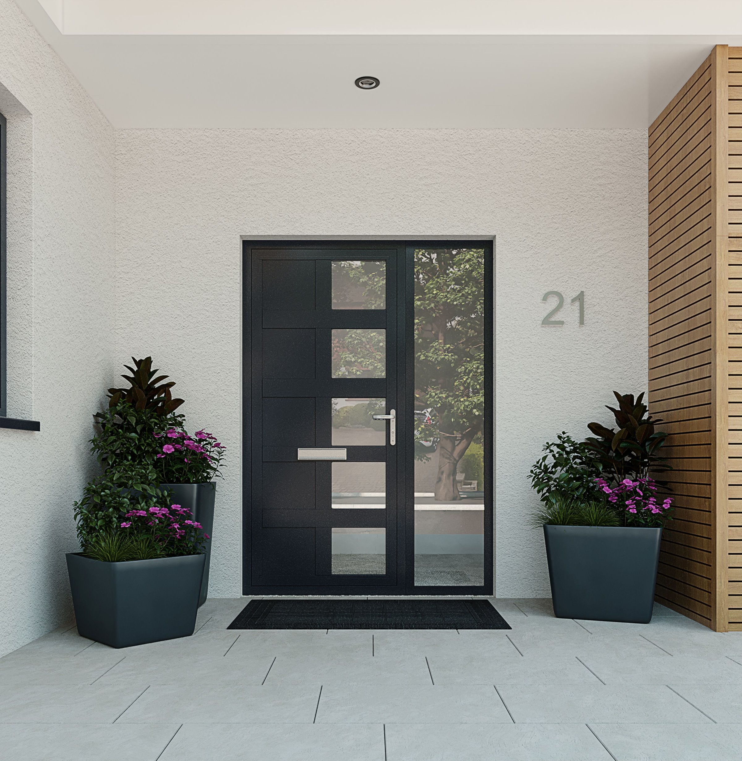 Contemporary anthracite AluK entrance door with glazed side panel and planted entrance