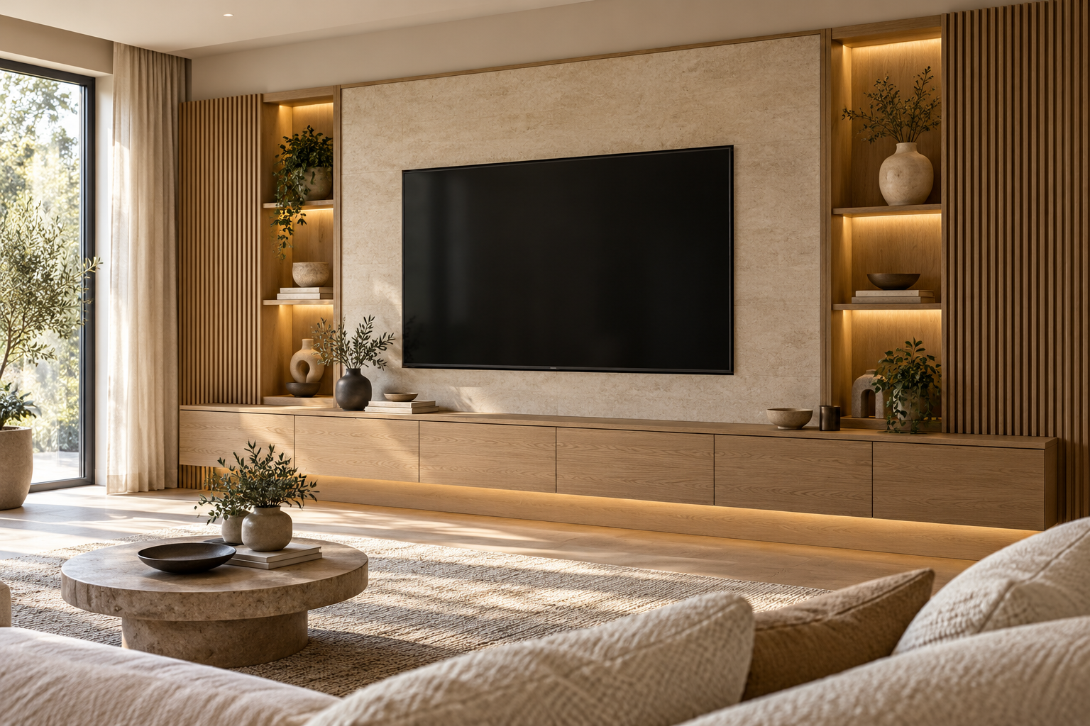Design inspiration: bespoke oak media wall with a television, floating storage and softly illuminated display shelving