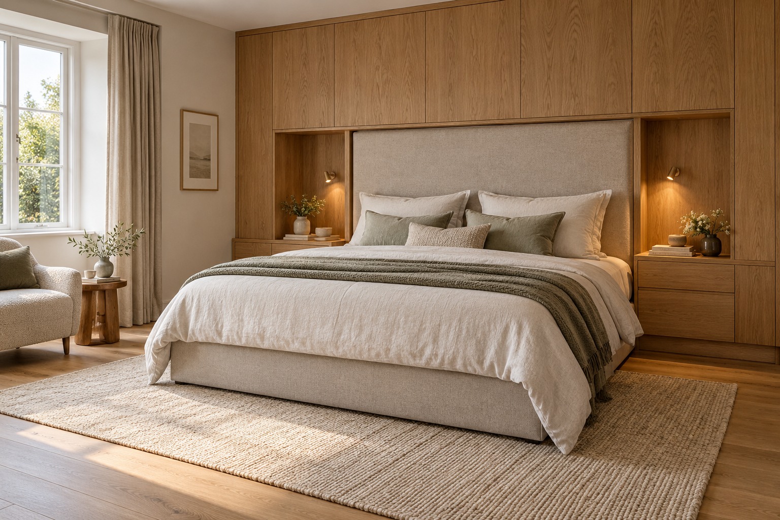 Design inspiration: upholstered bed with fitted oak cabinetry and integrated bedside storage