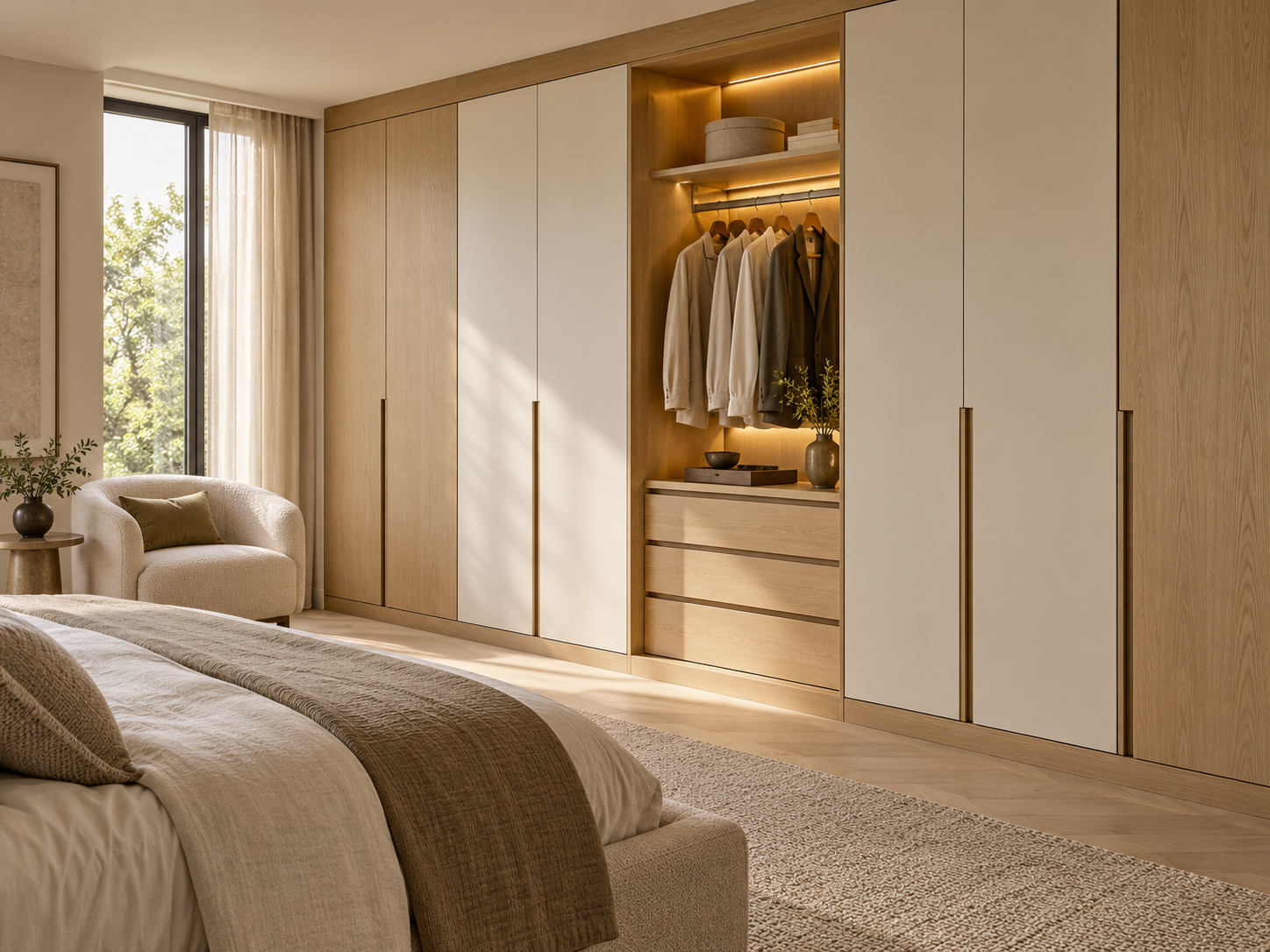Design inspiration: oak and ivory fitted wardrobes with a softly illuminated dressing niche