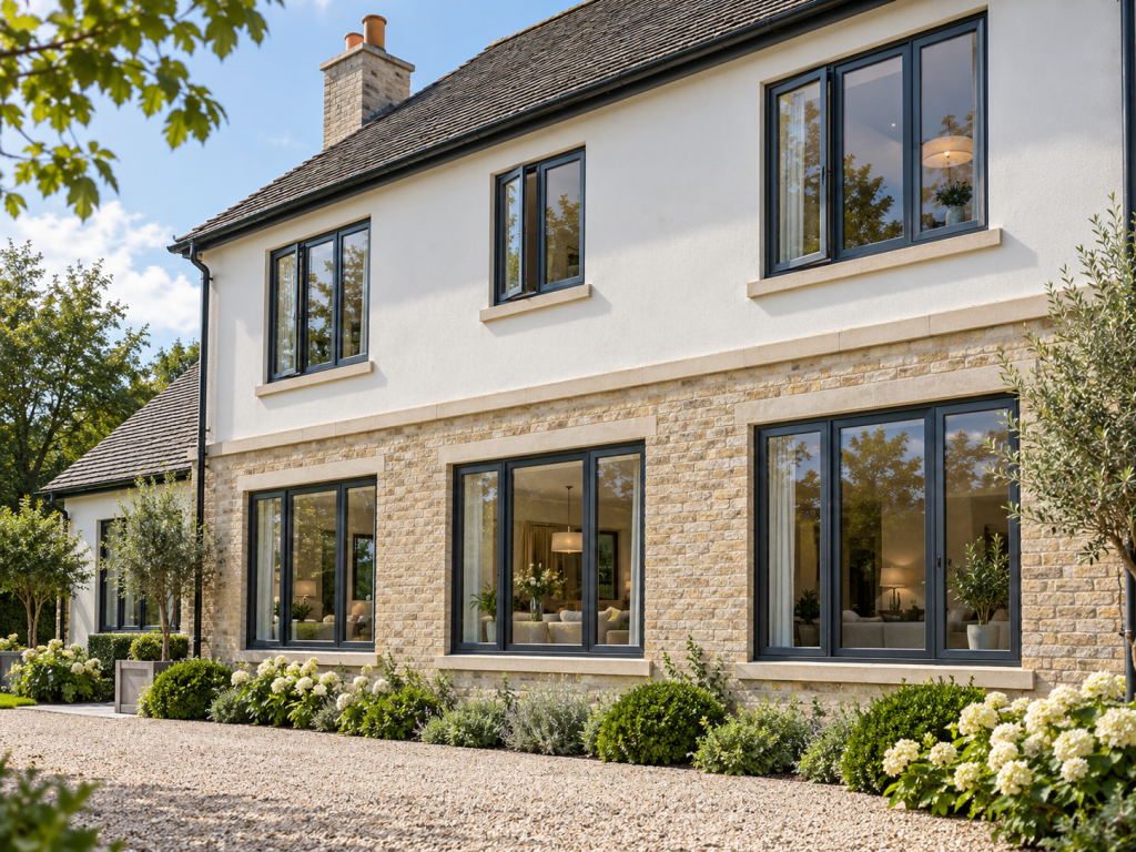 Design inspiration: anthracite casement windows in a pale brick and rendered British home