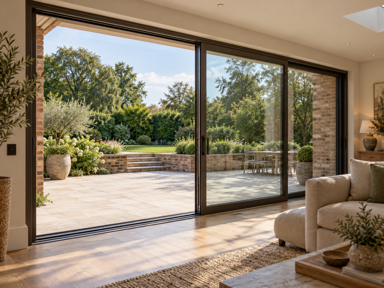 Design inspiration: slim aluminium sliding doors opening a bright living room to a landscaped garden