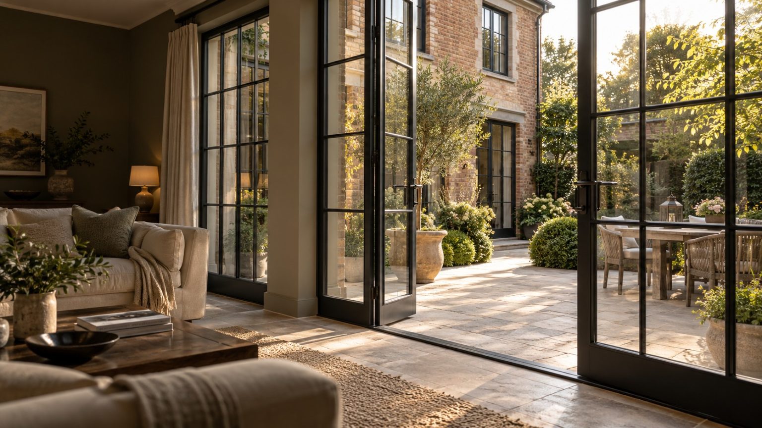 Design inspiration: slender black heritage French doors opening a warm living room onto a landscaped courtyard