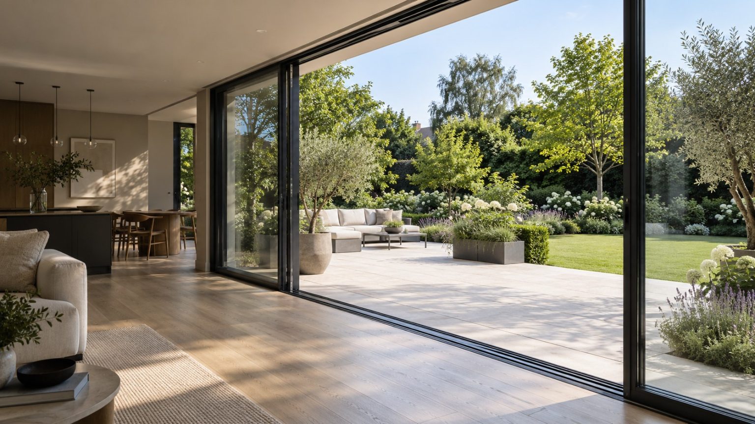 Design inspiration: broad slim aluminium sliding doors connecting an oak interior to a landscaped garden