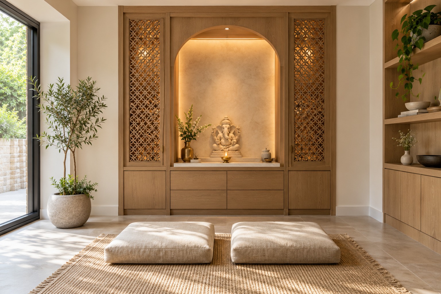 Design inspiration: bespoke oak mandir cabinetry with a softly lit niche and meditation cushions