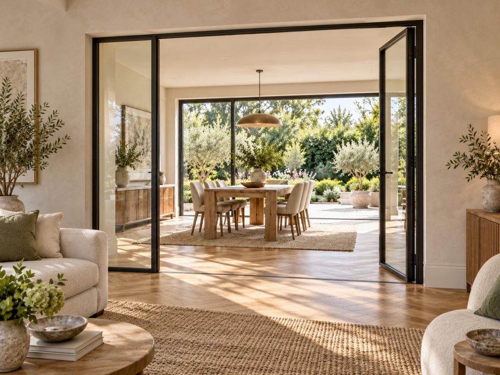 Design inspiration: slender dark glazed doors connecting a bright oak-floored living room and dining space