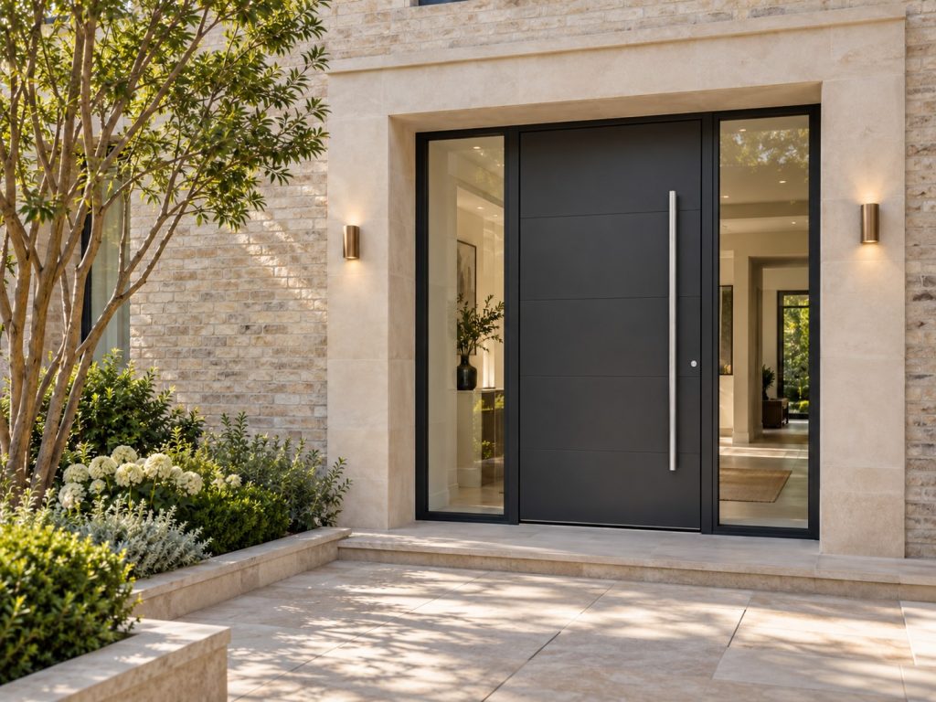 Design inspiration: anthracite front door with a silver stainless-steel handle, glazed sidelights and a bright limestone entrance